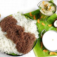 A picture of Ragi Rice Stringhopper's Sodhi and Coconut milk.