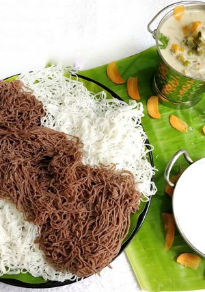 A picture of Ragi Rice Stringhopper's Sodhi and Coconut milk.