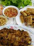 Grilled Pork Skewers with Vermicelli and Egg Rolls