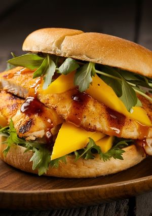 Zdjęcie przepisu Kanapka z grillowanym kurczakiem, mango i rukolą.