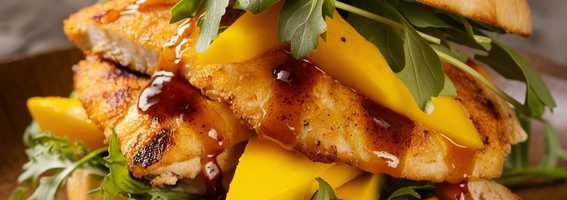 Kanapka z grillowanym kurczakiem, mango i rukolą