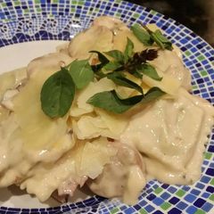 A picture of Brad's portabello ravioli and sausage.