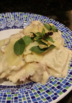 A picture of Brad's portabello ravioli and sausage.