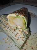 Canelón XXL de calabacín relleno de patata, rape y gambas langostineras