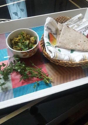 A picture of Potato, peas and Moongray (Raddish pods seeds) ki sabzi.