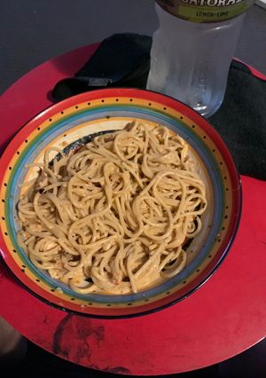 A picture of Sun dried tomato pesto creamy sauce with chicken.