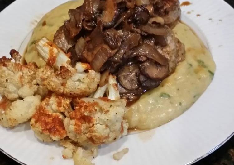 Brad's eye of round steak over jalapeño cheddar polenta Brad's eye of round steak over jalapeño cheddar polenta