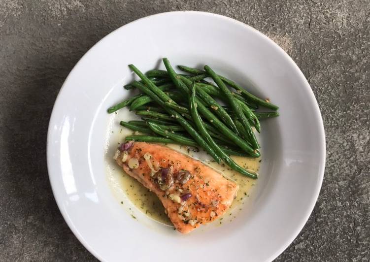 Fried Salmon with Butter Sauce and String Bean Sautee