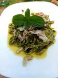 Tagliatelle al pesto di menta,pomodori secchi e lardo