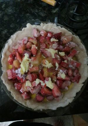 A picture of Rhubarb strawberry custard pie.
