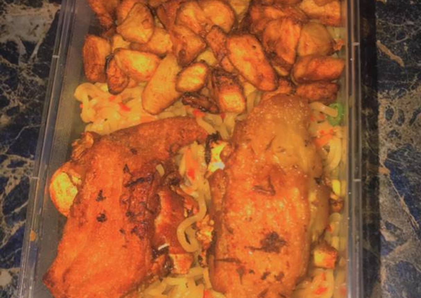 Stir fry noodles with turkey and fried plantain