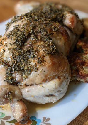 A picture of Honey lemon thyme roast chicken.