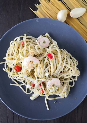 Foto resep Spaghetti Aglio Olio Udang Jamur