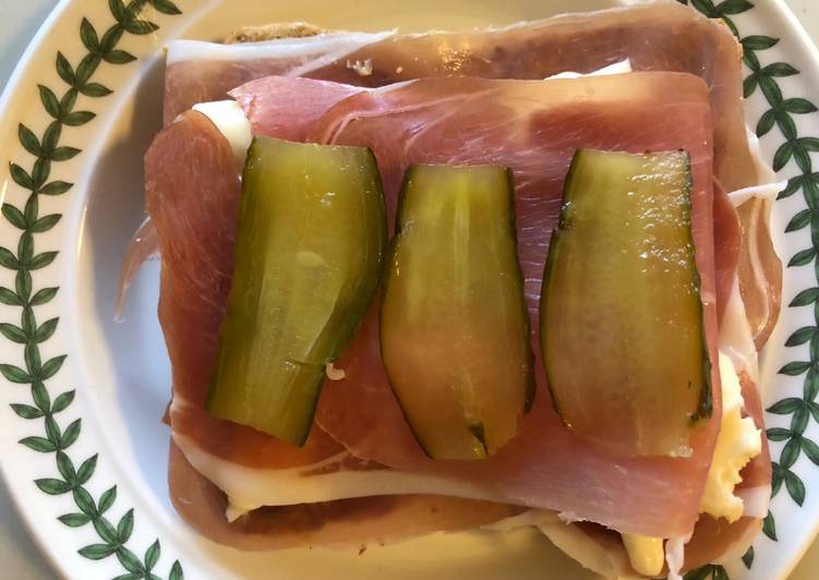 Recipe of Super Quick Homemade Prosciutto, Pié d’Angloys &amp; Gherkin Open Sandwich