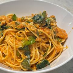 A picture of #CookEveryPart Stir-fry noodles with leek tops and spring greens.