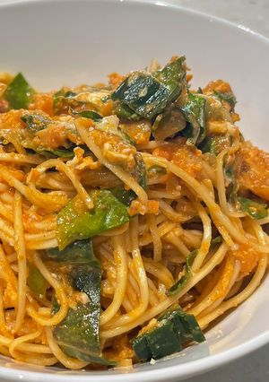 A picture of #CookEveryPart Stir-fry noodles with leek tops and spring greens.