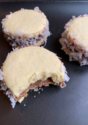 A picture of Alfajores with Dulce de Leche (Caramel Filled Cornstarch Cookies).