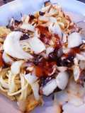 Rice-Cooker Spaghetti with Air-Fried Roasted Onion, Extra Virgin Olive Oil, and Hickory BBQ Sauce