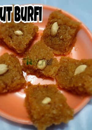 A picture of Coconut burfi with jaggery.