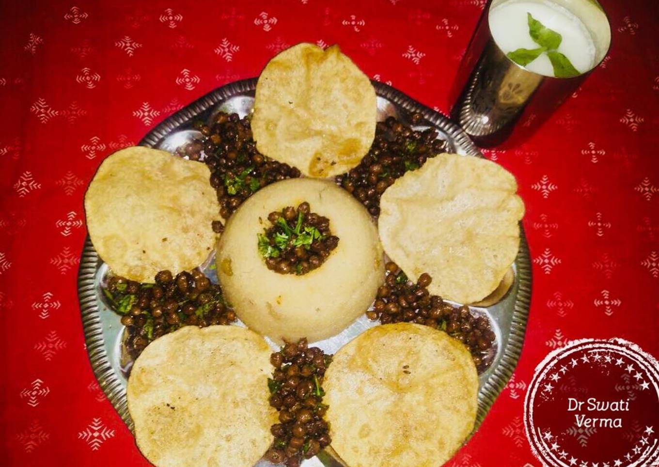 Navratri special thali (dry kala chana,suji halwa,puri, Charnamrit