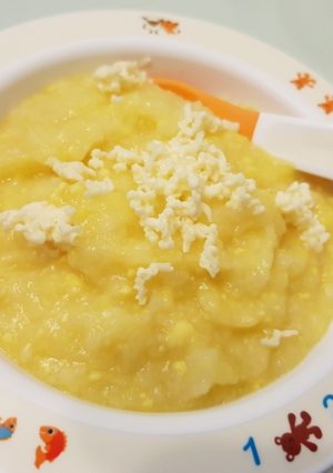 A picture of Rice+cauliflower+sweet corn+egg yolk+cheese baby porridge.