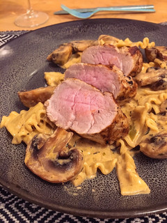 Schweinefilet mit Pasta in frischer Champignonsauce Rezepthauptbild