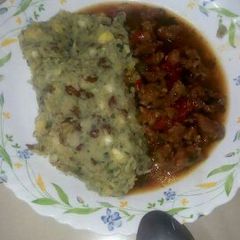 A picture of Beef stew with Mokimo.