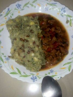 A picture of Beef stew with Mokimo.