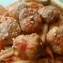 Vickys Sausage Meat Meatball Pasta Bake, GF DF EF SF NF A picture of Vickys Sausage Meat Meatball Pasta Bake, GF DF EF SF NF.