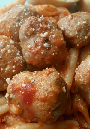 A picture of Vickys Sausage Meat Meatball Pasta Bake, GF DF EF SF NF.