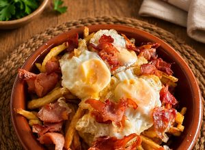Una foto de Nido de patatas paja con huevos de codorniz y crujiente de jamón