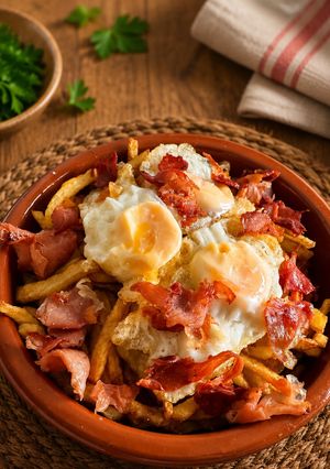Una foto de Nido de patatas paja con huevos de codorniz y crujiente de jamón