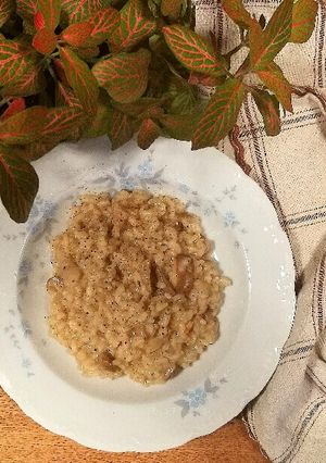 A picture of Porcini Mushroom Risotto with Walnut Sauce (Vegan).