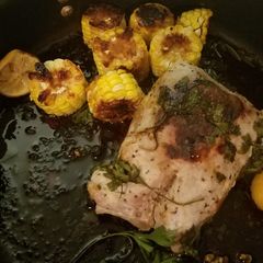 A picture of Roasted porkloin and corn medallions.