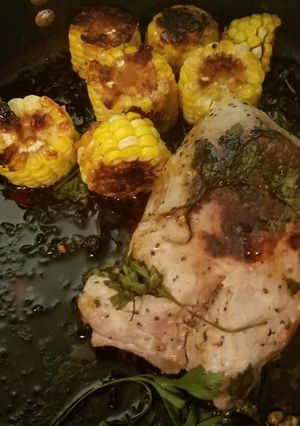 A picture of Roasted porkloin and corn medallions.