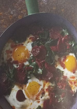 A picture of Kale with Chorizo and Eggs.