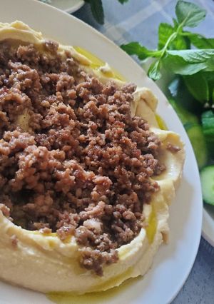 A picture of Hummus with Tahini and Ground Beef.