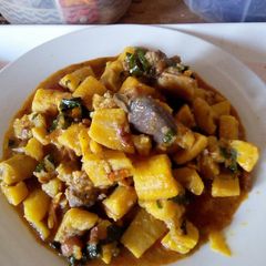 A picture of Unripe plantain pottage with Scent leaf.