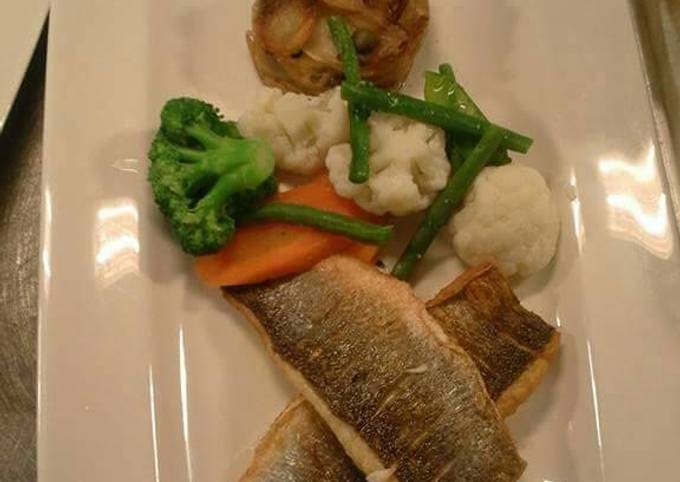 Steps to Prepare Super Quick Homemade Pan fried sea bass with seasonal vegetables potote Boulanger's