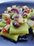 Paccheri con crema di zucchine, calamari e melanzane fritte
