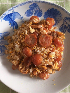 A picture of Fried Rice with Egg and Chinese Sausage.