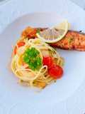 Salmon garlic honey lemon spaghetti