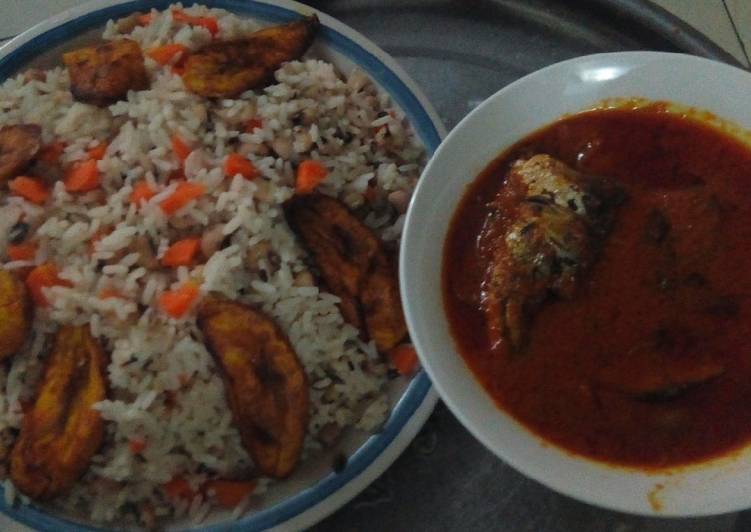 Rice,beans, plantain and fish stew