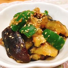 A picture of Stir-fried eggplant and green pepper with Miso sauce.