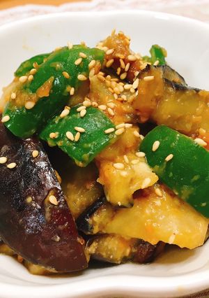 A picture of Stir-fried eggplant and green pepper with Miso sauce.