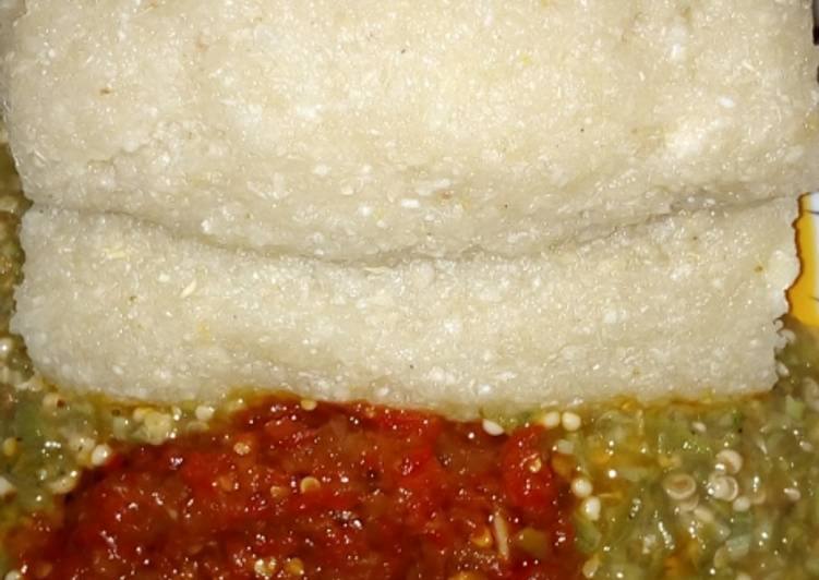 Garri(Eba) with okro and stew