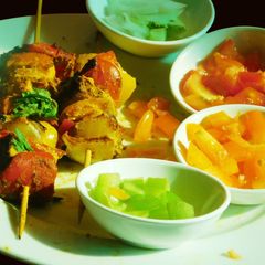 A picture of Paneer Tikka with colorful veggies.