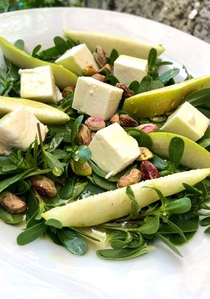 A picture of Purslane, Pear, and Feta Salad.