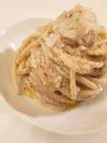 Spaghetti with Almond Pesto, Lemon, and Pink Shrimp Tartare