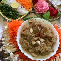 A picture of Coconut rice with tricolour Salad.